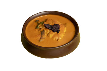 Fish Curry Kingfish isolated on transparent background, traditional Goan coconut curry with aromatic spices served in brown pot