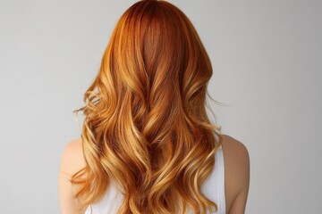 Obraz premium A back view showcases voluminous, wavy auburn hair with highlights against a neutral backdrop.