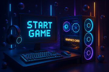 Start game screen on a modern gaming pc setup with glowing neon lights, a high-performance computer tower with a graphics card, and a headset