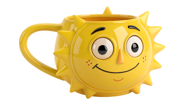 Yellow sun shaped mug with a happy face design
