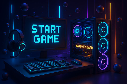 Start game screen on a modern gaming pc setup with glowing neon lights, a high-performance computer tower with a graphics card, and a headset