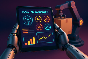 A robotic hand holding a tablet displaying a logistics dashboard with various graphs and charts, and a robotic arm moving a cardboard box in the background
