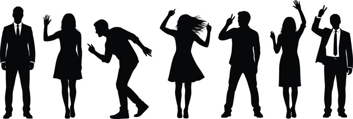 Silhouettes of people waving and dancing, business and casual attire, group of men and women, black vector icons set