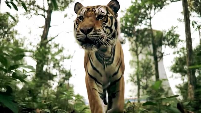 Tiger walking in lush green forest wildlife nature footage - Powered by Adobe