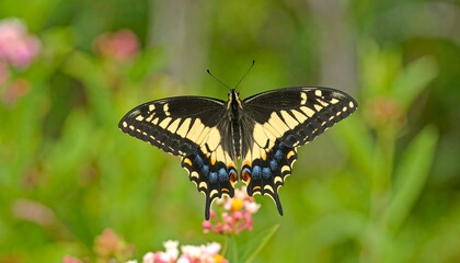 A captivating monarch butterfly rests gracefully on a cluster of flowers, showcasing its vibrant yellow and black wings against a blurred backdrop of green foliage.