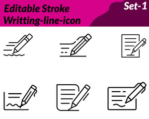 Writing icon character in vector style featuring elements like pens pencils, fountain pens ink bottles paper sheet typewriters and notebooks. Designed with neat lines and minimal details to symbolize.