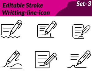 Writing icon character in vector style featuring elements like pens pencils, fountain pens ink bottles paper sheet typewriters and notebooks. Designed with neat lines and minimal details to symbolize.