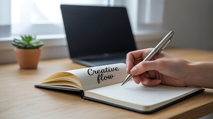 Creative flow concept with notebook pen laptop and succulent providing inspiration for writing and idea generation in a bright modern office