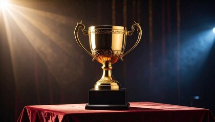 Golden trophy cup on a wooden podium under dramatic stage lighting, symbolizing achievement and celebration.