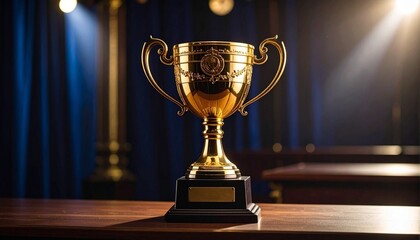 Golden trophy cup on a wooden podium under dramatic stage lighting, symbolizing achievement and celebration.