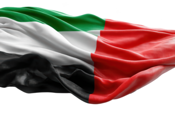 Flowing flag with green, white, black, and red stripes against a black background