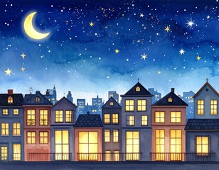 Fototapeta premium Night city houses with starry sky