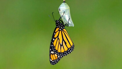 A monarch butterfly emerges from its chrysalis, showcasing the vibrant colors and delicate details of its wings against a soft green backdrop.