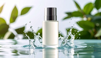 Minimalist white skincare bottle with silver cap in water splash, surrounded by green leaves for a refreshing and natural beauty presentation.