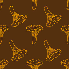 Seamless vector pattern featuring a stylized illustration of chanterelle mushrooms in warm orange and brown tones, creating a rustic autumnal aesthetic ideal for fallthemed designs.