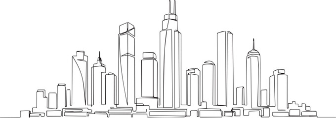 Minimalist black and white city skyline icon – stylized urban silhouette with modern skyscrapers, domes, and architectural variety.