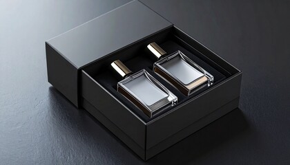 Luxury gift box with two square perfume bottles—one blue, one amber—featuring silver spray caps on a dark matte background for a sleek, elegant presentation.