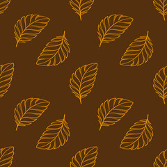 Fototapeta premium Seamless vector pattern with stylized orange leaves on a dark brown background, creating a sophisticated and minimalist autumnal design ideal for various applications.