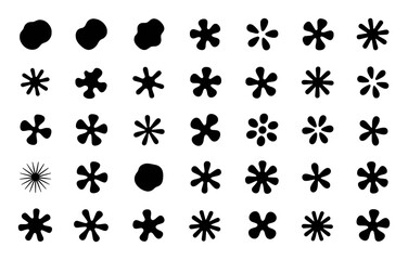 Collection of Black Asterisk and Blob Shapes on White Background