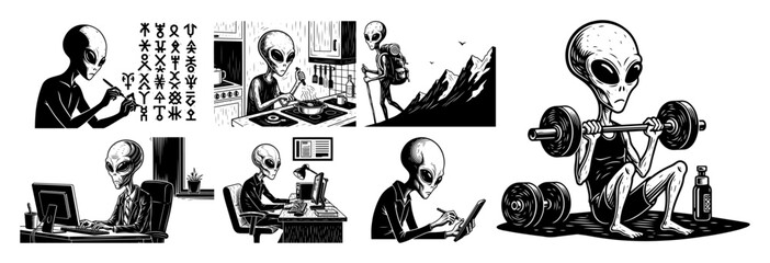 Fototapeta premium Alien Daily Life Icon Set Vector