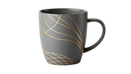 A gray mug with gold abstract line art design art