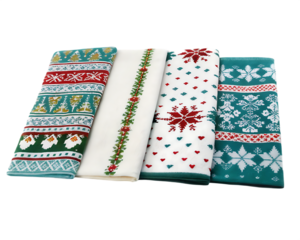 Four Folded Christmas Themed Kitchen Towels with Festive Patterns textile fabric isolated on a transparent background