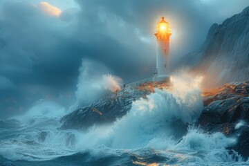 Lighthouse stands tall against a stormy ocean landscape view 