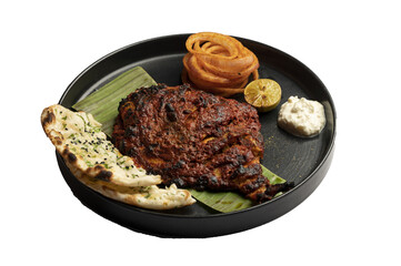 Tandoori pomfret with salad, dip, sauce, and kulchas on black plate — isolated PNG