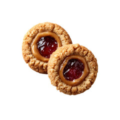 Two Delicious Peanut Butter and Jelly Thumbprint Cookies on Black Background