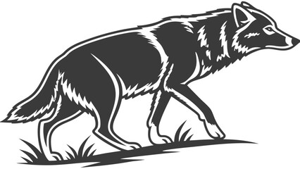 Silhouette of a wolf walking through grass with detailed fur and a focused expression on its face