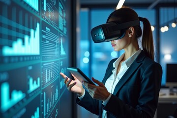 Exploring New Business Opportunities: Young Businesswoman Utilizing VR Headset & Tablet in Futuristic Office with Holographic Charts.