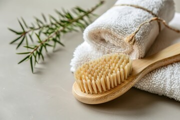 A close-up view of a natural bristle body brush, nestled amongst soft white towels and a sprig of greenery, creating a serene and spa-like atmosphere.