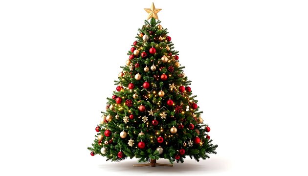 A festive Christmas tree adorned with red and gold ornaments, a golden star topper, and warm, twinkling lights against a pure white background.