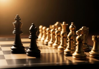 Strategic chess game king and queen stand tall on wooden board facing opponent pieces in dramatic lighting illustration