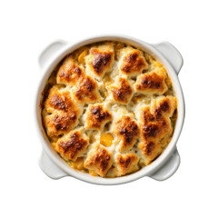 Golden-Brown Peach Cobbler in White Baking Dish, Overhead View
