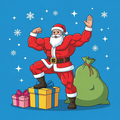 Super Santa Claus with gifts, ready for Christmas. EPS vector