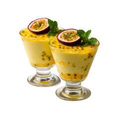 Two Delicious Passion Fruit Mousse Desserts in Glass Cups, Garnished with Fresh Mint