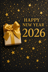Christmas and New Year 2026 card. Numbers on a gift box with ribbons against a background of twinkling stars.
