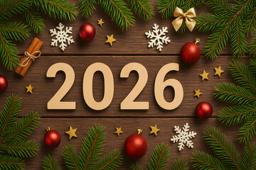 New Year and Christmas card 2026. The numbers 2026 surrounded by fir tree branches, cones and stars against the background of a wooden rustic table