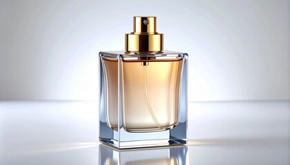 Elegant amber perfume bottle with golden spray cap on glossy surface.