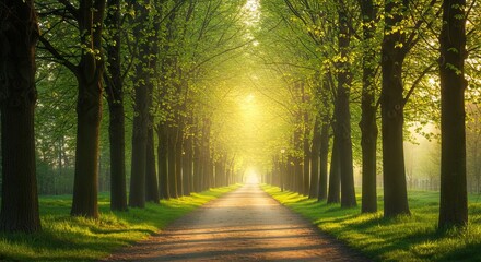 Naklejka premium Treelined path leading into bright sunlight