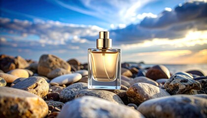 Elegant perfume bottle on rocky beach at sunset with dramatic sky and ocean view.
