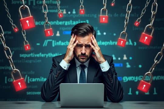 with a menacing web of digital security, illustrating a ransomware malware attack on a businessman's computer.