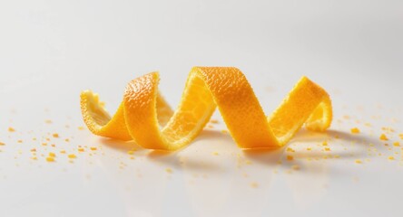Orange peel spiral resting on a white surface, small pieces scattered around