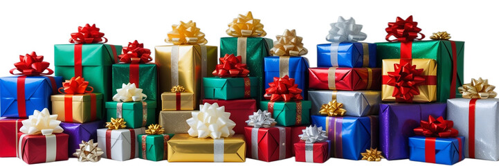 Fototapeta premium Pile of Colorful Wrapped Christmas Presents with Ribbons and Bows on White Background – AI-Generated