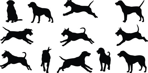 Black dog silhouette set, jumping running sitting standing dogs, pet animal vector icons collection, isolated on white background