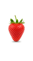 A single, ripe, red strawberry with green leaves, isolated on a white background.