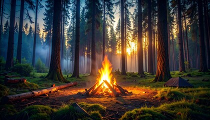 A vibrant bonfire blazes brightly in a lush forest at sunset, casting warm hues across the tranquil scene.