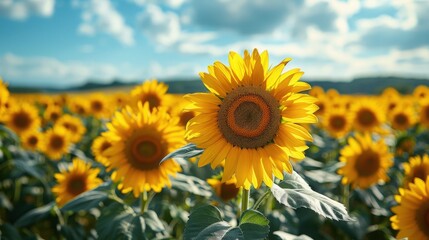 Fototapeta premium A field of sunflowers under a bright blue and cloudy sky 