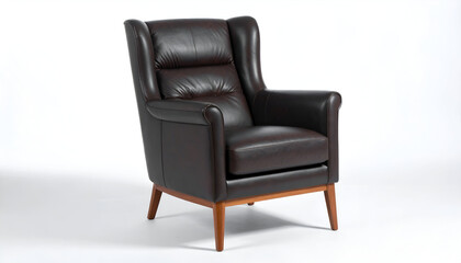 Classic leather armchair with wooden legs, isolated on white background. Elegant furniture piece for living room, office, or lounge interior.